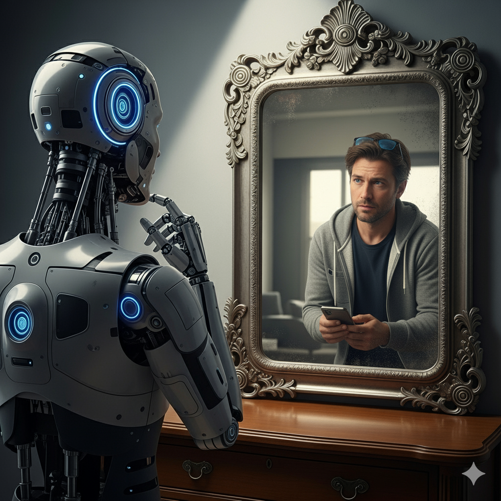 A robot looks at its human reflection